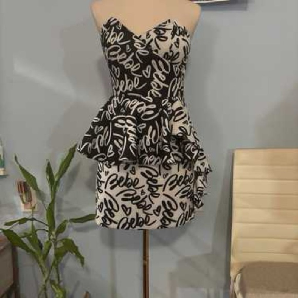 bebe Strapless Black and White Peplum Dress